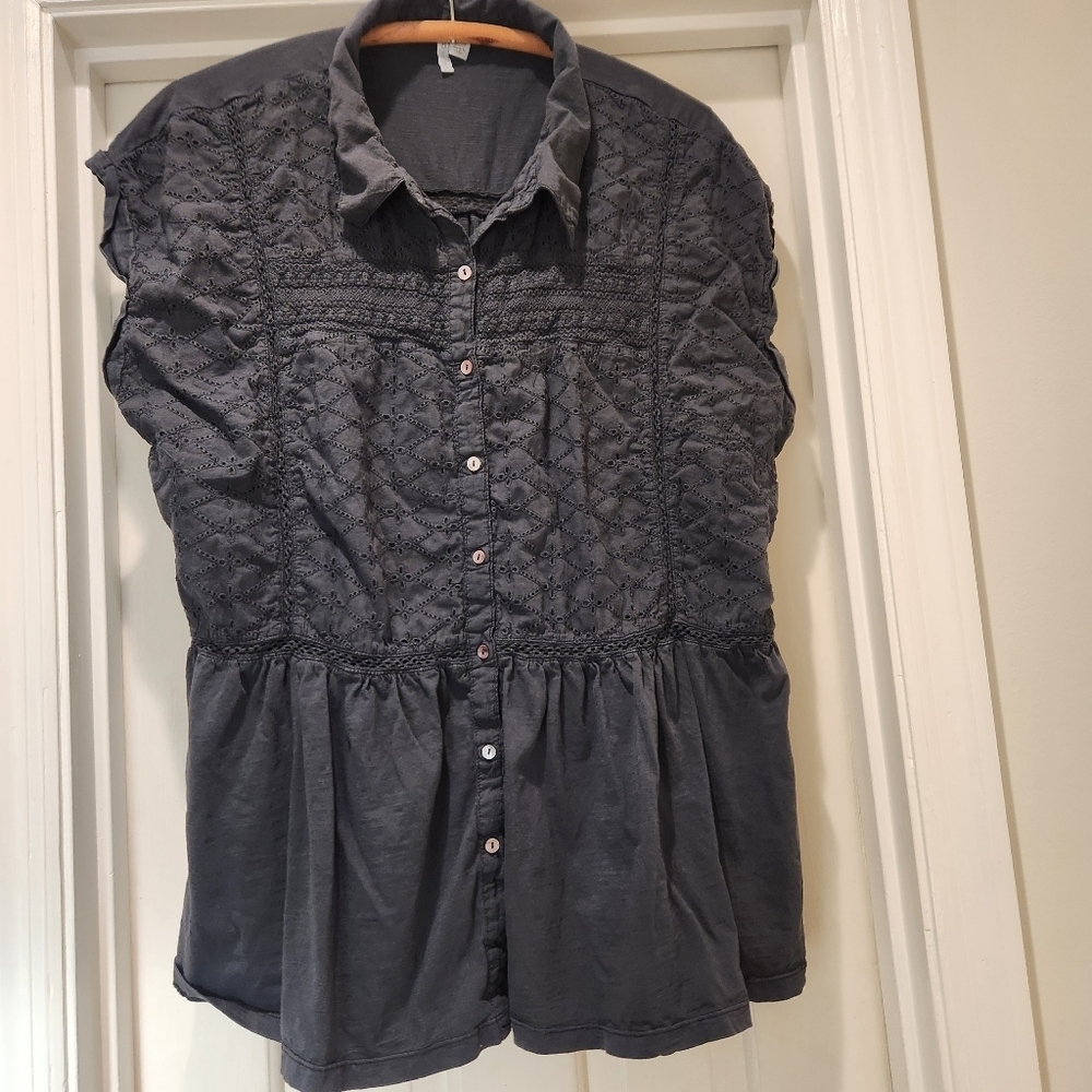 Cato Navy Blue Eyelet Blouse Size 22 Plus Collared Babydoll Cottagecore Chic